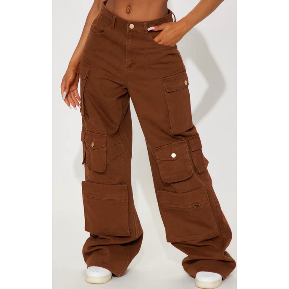 NEW Fashion Nova Lily High Rise Cargo Jeans Size 9 Brown Wide Leg‎ Pockets NWT